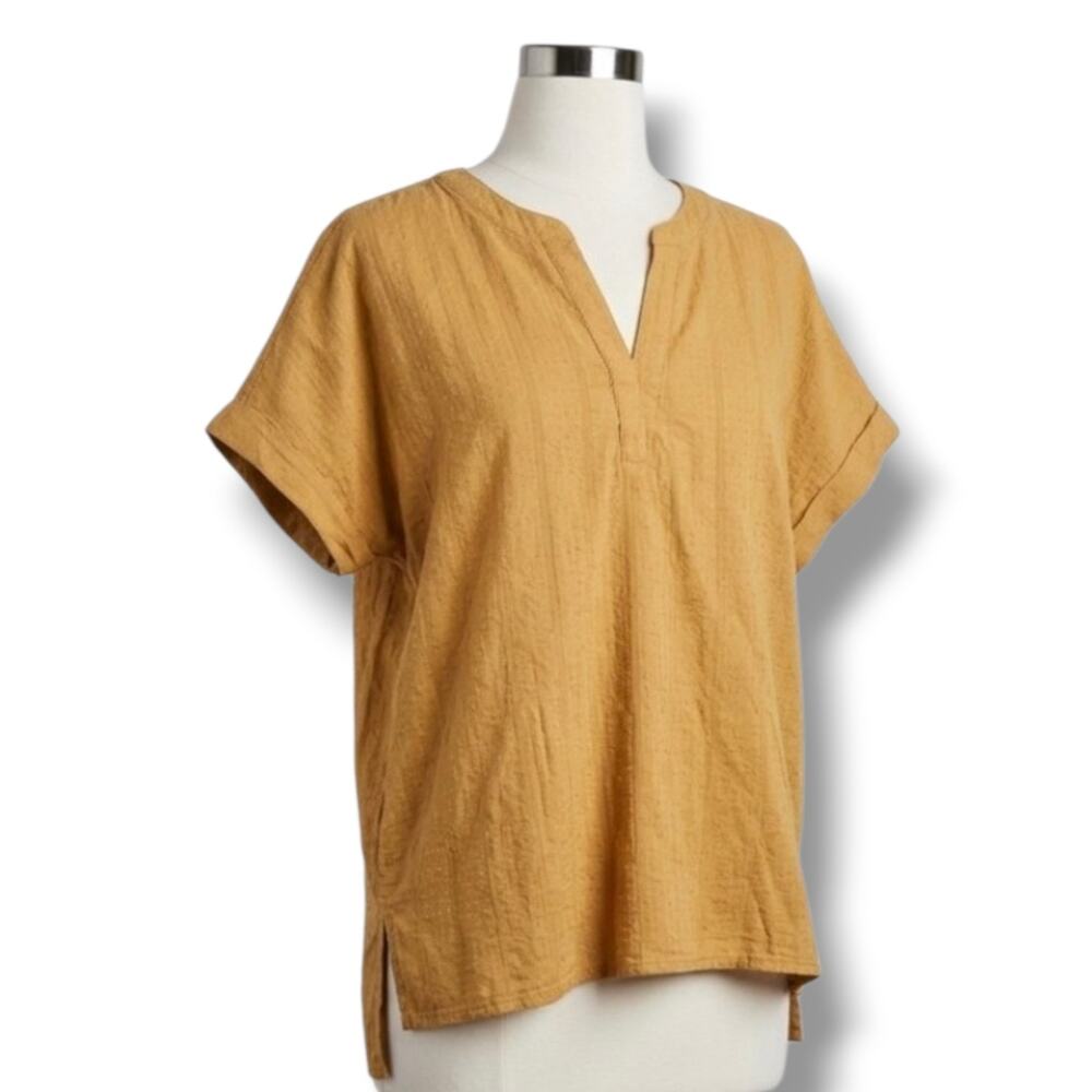 Matty M Women's Large Tan Textured 100% Cotton Split V-Neck Blouse Top